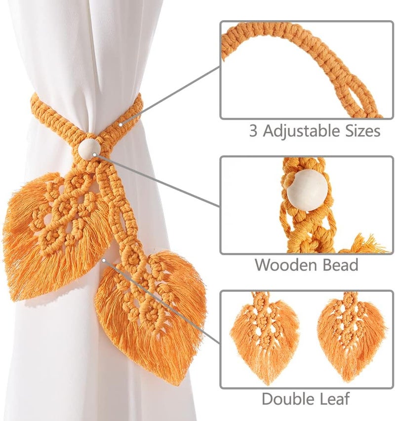 Sunkaioo 2 Pack Boho Curtain Tiebacks,Hand Knitting Cotton Curtain Holdbacks with Adjustable Natural Wooden Bead,Double Leaves Farmhouse Theme Curtain Tie Backs, for Indoor Outdoor Drapes Decorative,(Orange) - Image 2